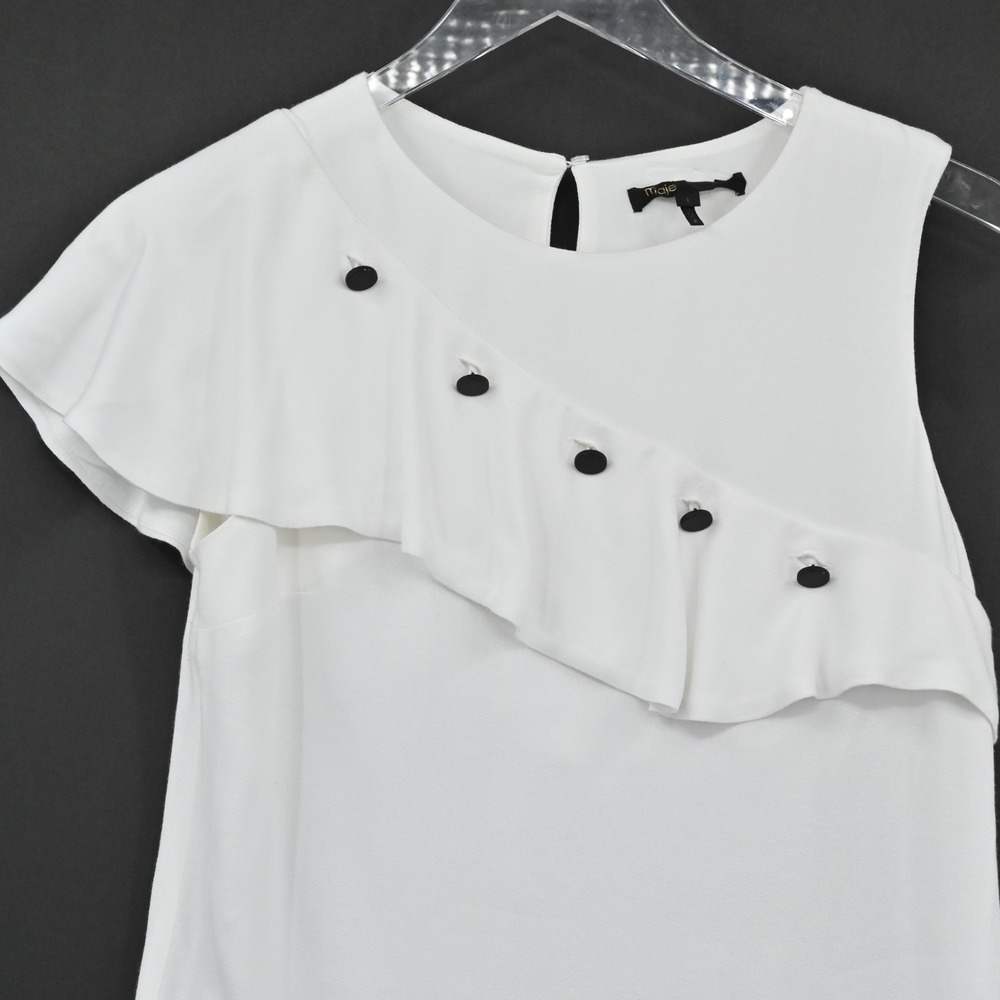 MAJE Womens Lorena White Ruffle Top Size S Sleeveless Coquette Black Buttons - Picture 9 of 14